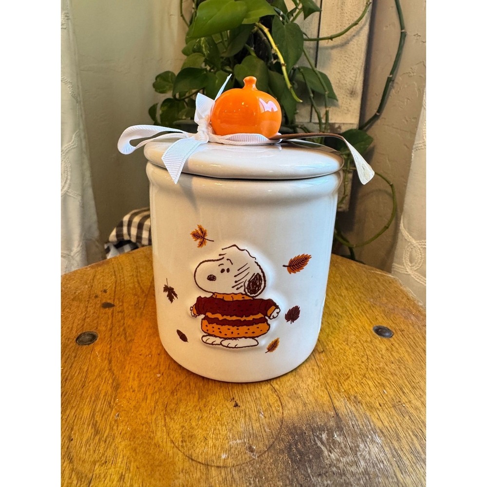 Rae Dunn Snoopy Sweater Weather canister small pumpkin Autumn Fall vibes